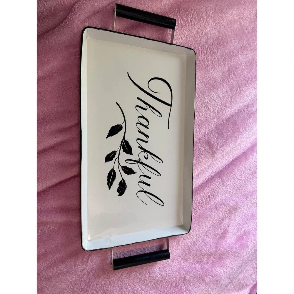 Thankful Decorative Metal Tray White Enamel Style Black Handles Farmhouse Decor
